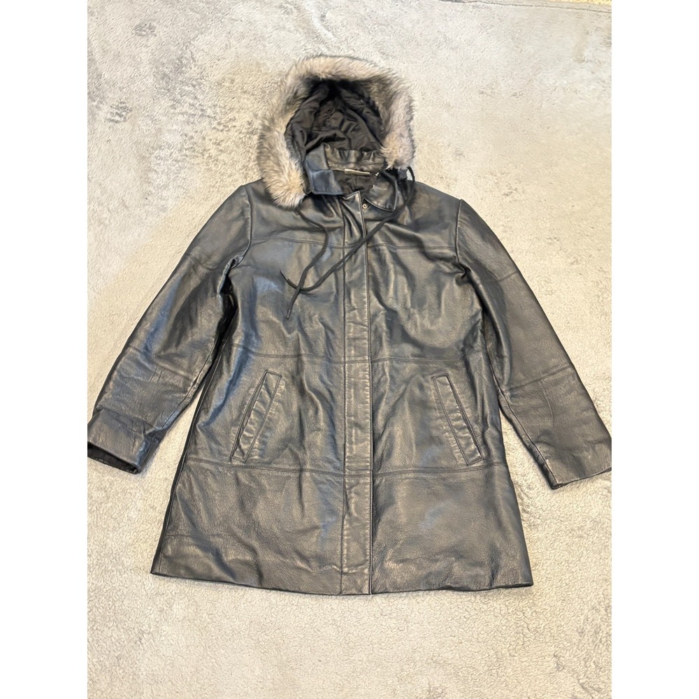 VTG Kim Rogers Genuine Leather Trench Coat Jacket Womens M Black Hooded Fur Trim